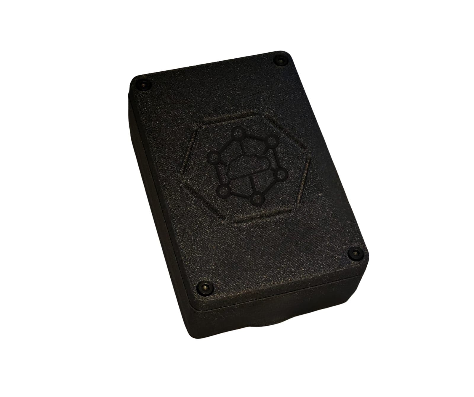 IoT-WorkS Compact Gateway — small 3D-printed enclosure with embossed hex-mesh logo