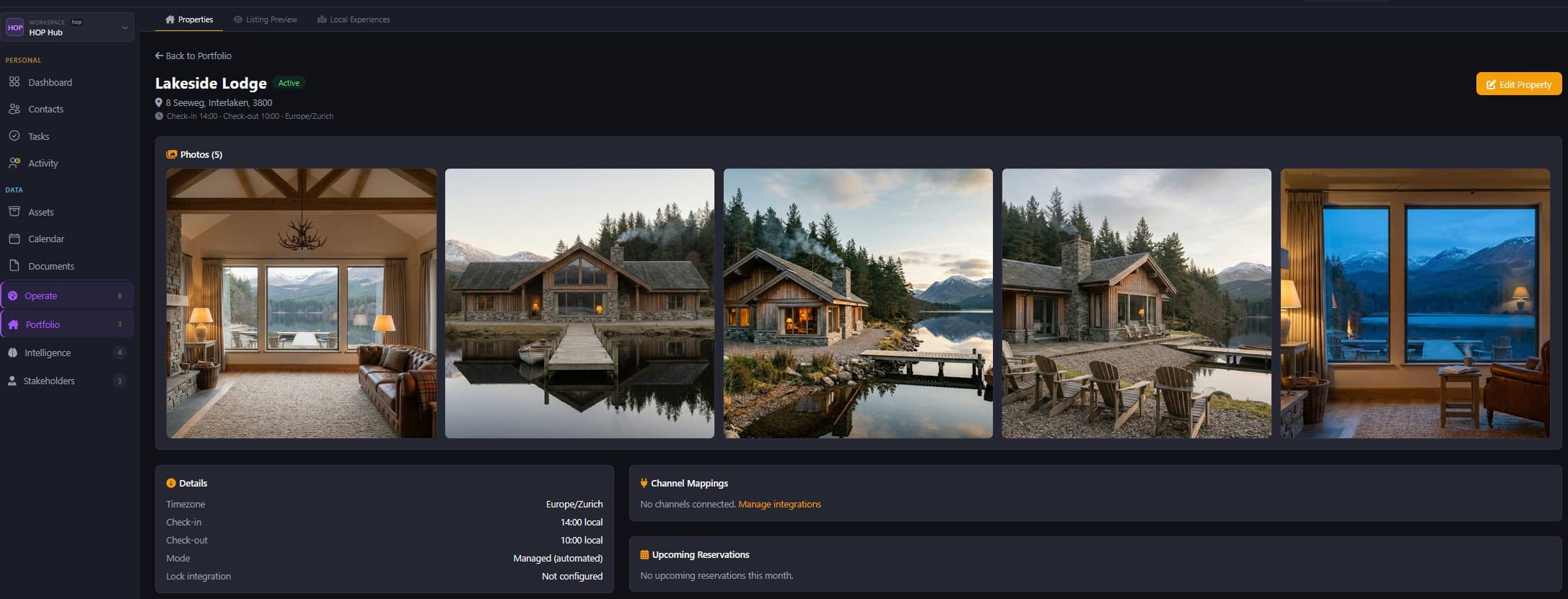 Property detail page for "Lakeside Lodge" - sidebar nav (Operate, Portfolio, Intelligence, Stakeholders), workspace switcher in header, photo gallery, structured details panel, channel mappings and upcoming reservations.