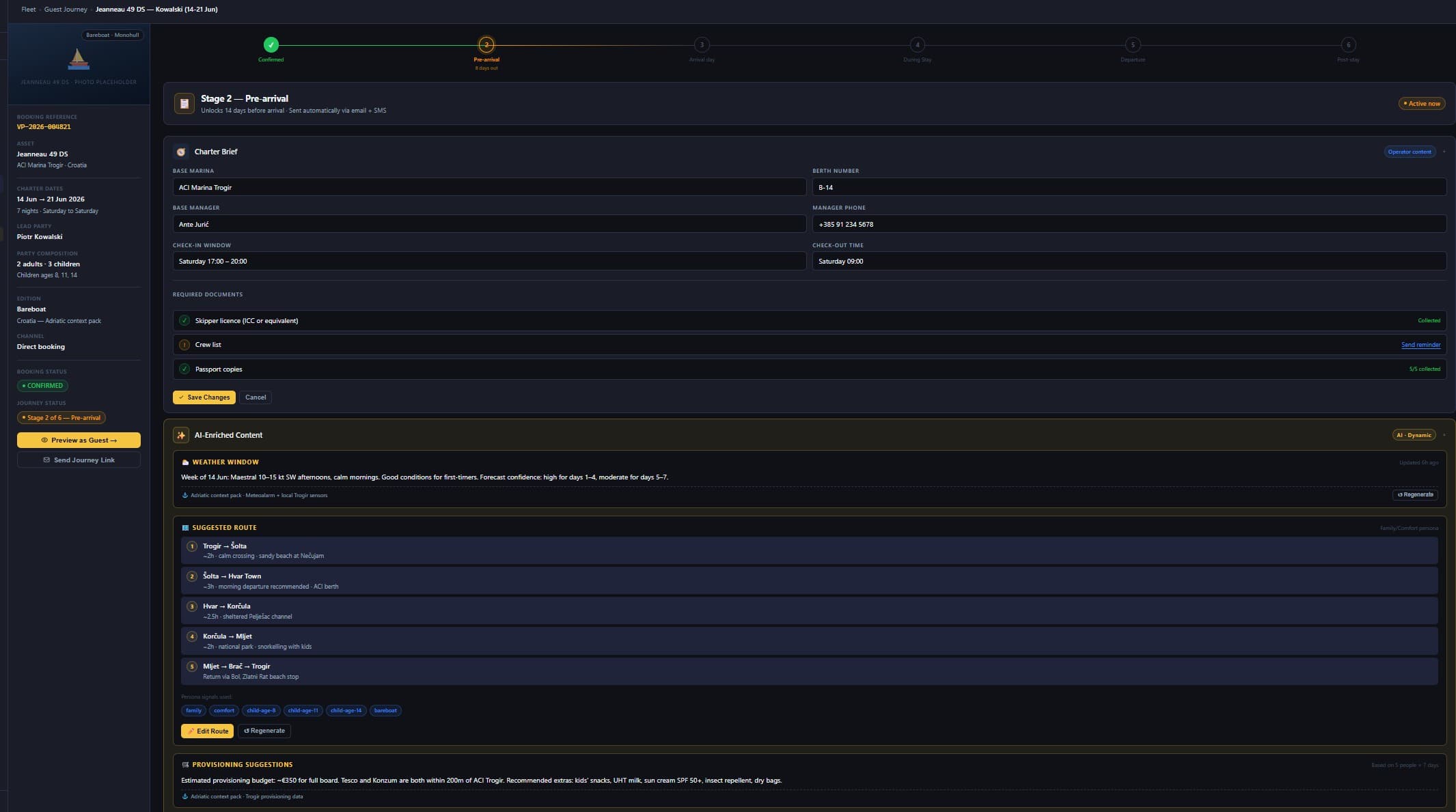 Charter guest journey UI - stage timeline (Confirmed, Pre-arrival, Arrival day, During Stay, Departure, Post-stay), Charter Brief form with collected required documents, AI-Enriched Content panel showing Weather Window and Suggested Route, and a phone preview of how the guest sees it.